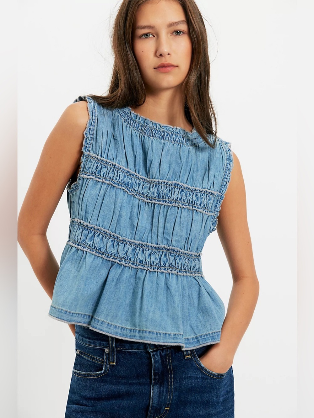 NWT Free People Mia Shirred Denim Top - Picture 1 of 3